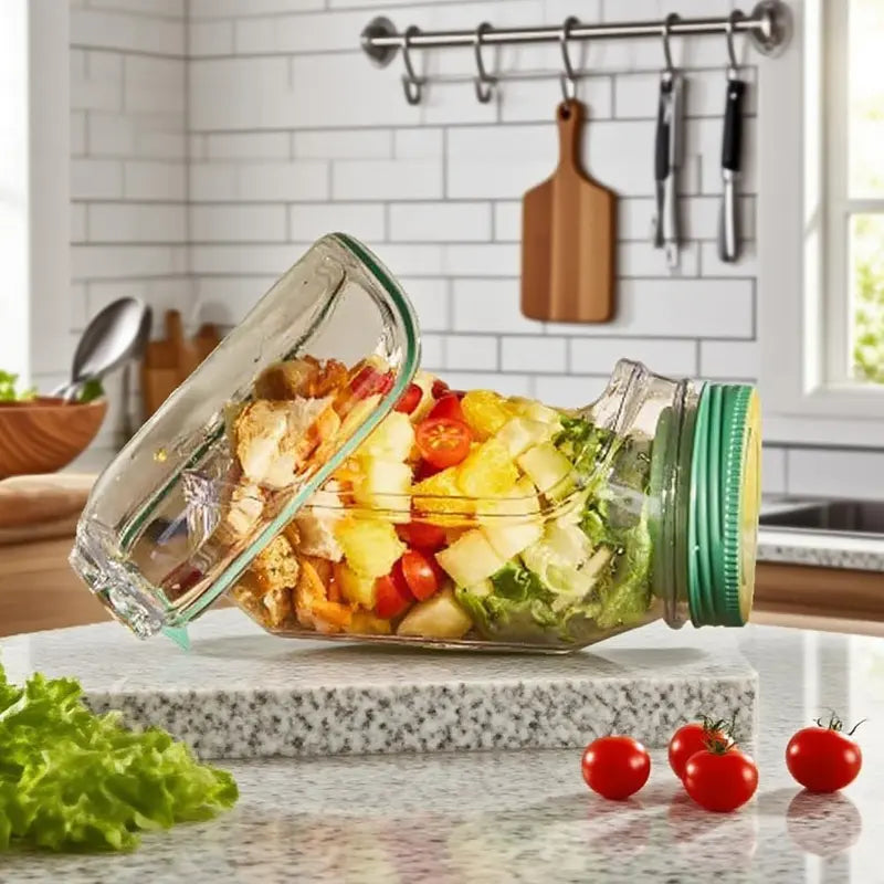 Salad Pod Mason Jar Side Open, Salad Jar with Side Opening for Lunch, Portable Salads Dressing Container with Lid for Travel Leakproof Dressing Compartment